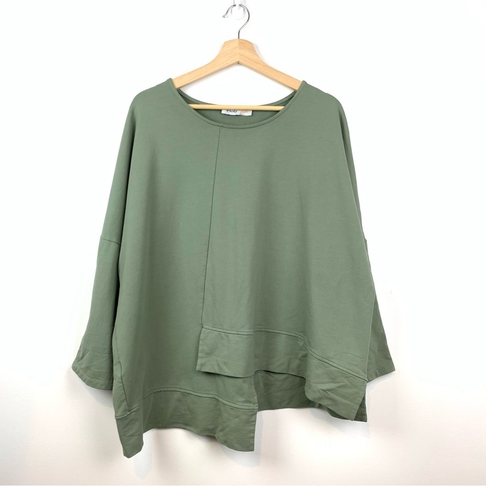 Paolo Tricot Sweater Green Size XL Italy Asymmetrical Boxy Oversized Lagenlook